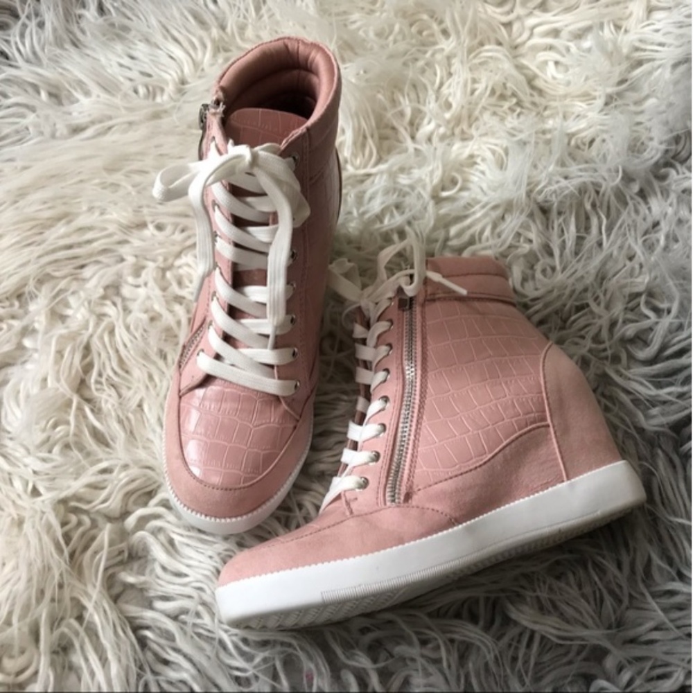 Just Fab Pink Faux Leather Wedge Sneakers